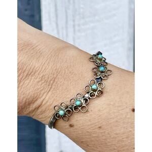Sterling Silver Turquoise Flower Cuff Bracelet Navajo Style Petit Point Boho